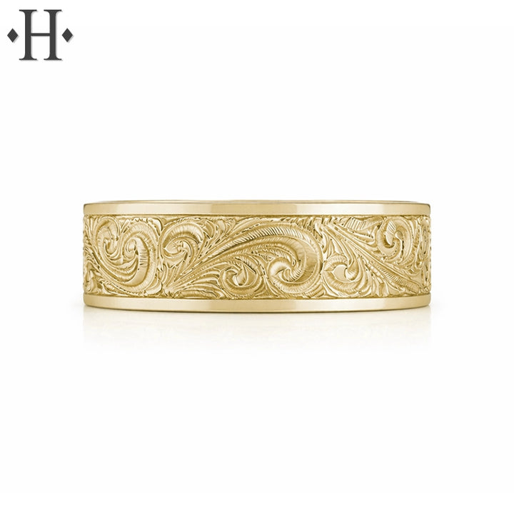 Hand Engraved Solid Gold Ring 7mm