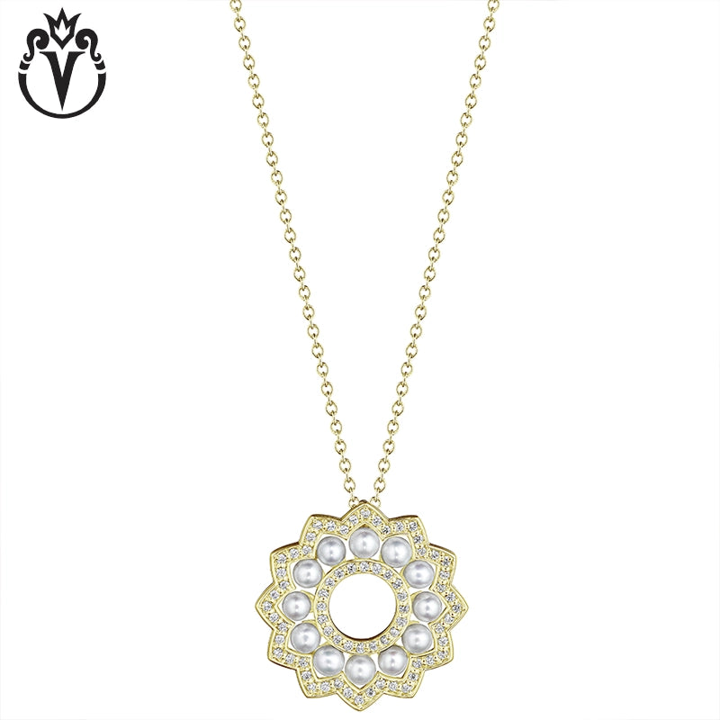 Natural Diamond & Cultured Pearl Solar Circle Necklace