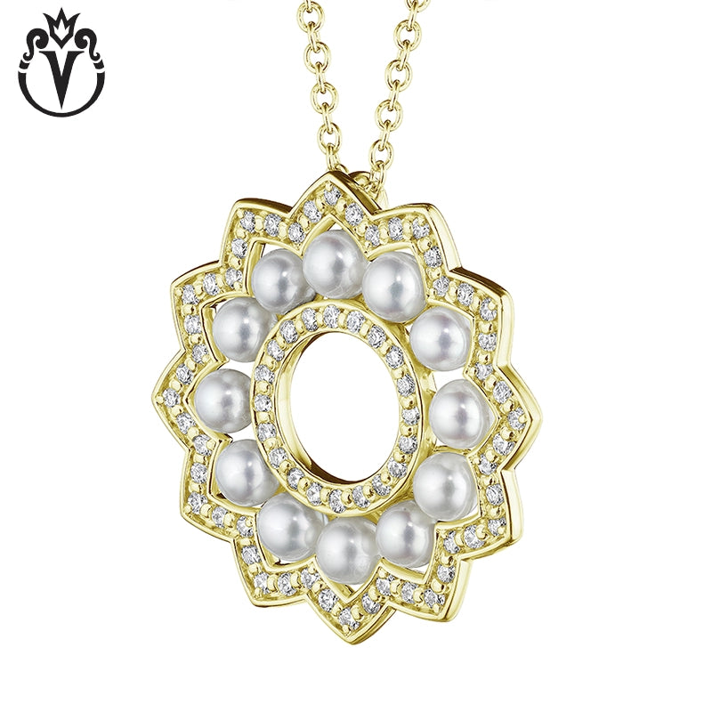 18kt Natural Diamond & Cultured Pearl Solar Circle Necklace