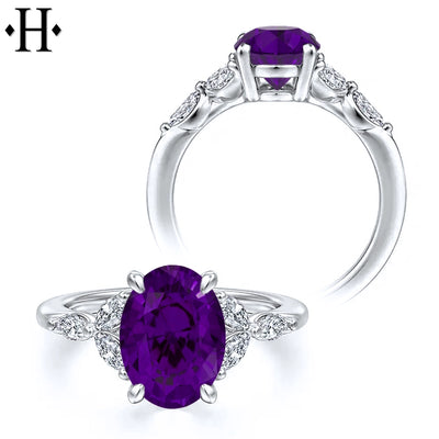 Oval Cut Genuine Amethyst & Lab Grown Diamond Ring