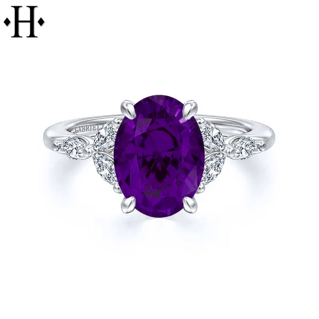 Oval Cut Genuine Amethyst & Lab Grown Diamond Ring