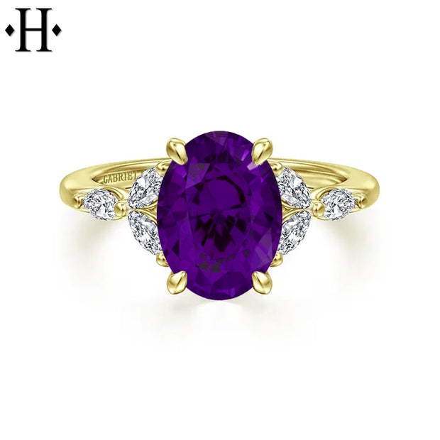 Oval Cut Genuine Amethyst & Lab Grown Diamond Ring