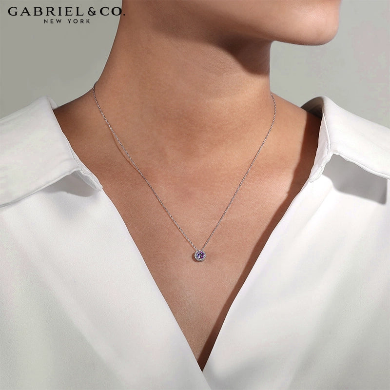 Genuine Amethyst & Natural Diamond Halo Necklace