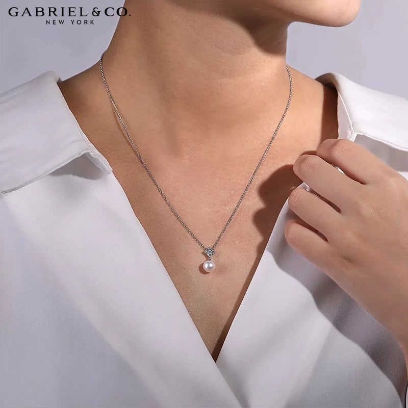14kt Cultured White Pearl & Natural Diamond Drop Necklace