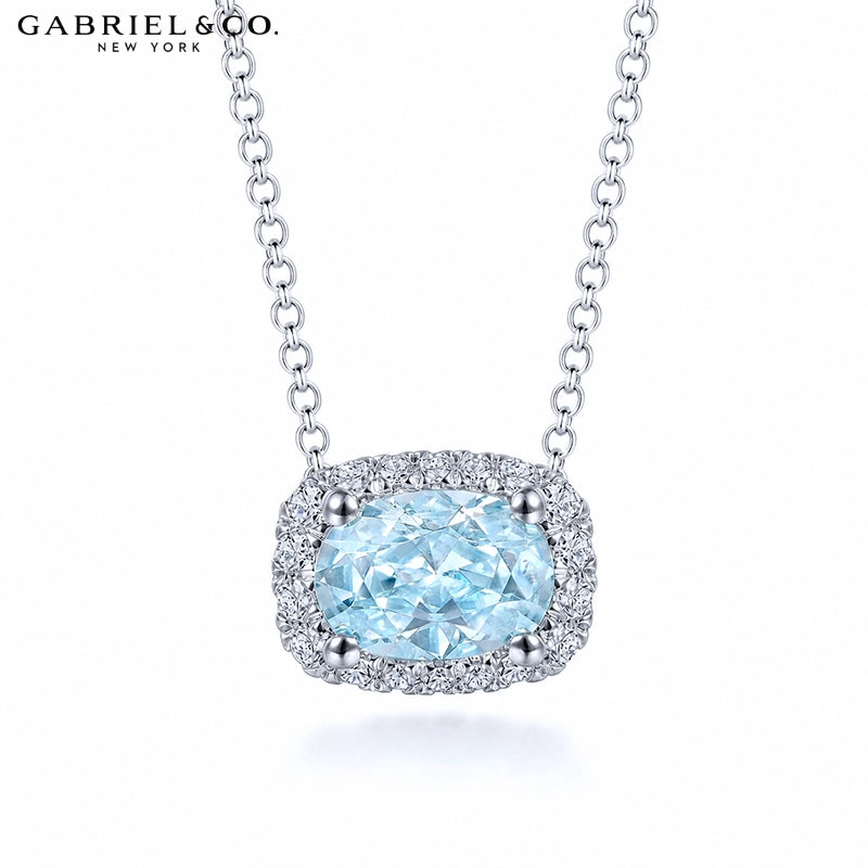 14kt Genuine Aquamarine & Natural Diamond Halo Necklace