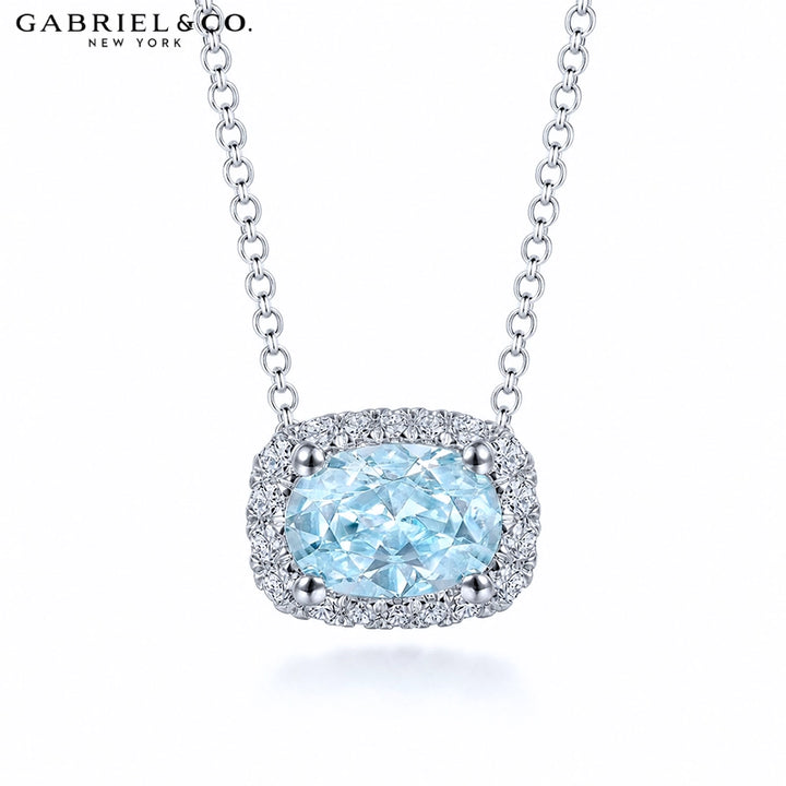 Genuine Aquamarine & Natural Diamond Halo Necklace