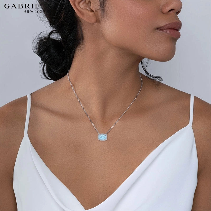 14kt Genuine Aquamarine & Natural Diamond Halo Necklace