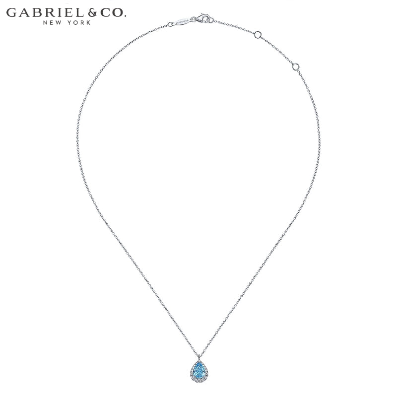 14kt Genuine Swiss Blue Topaz & Natural Diamond Halo Necklace