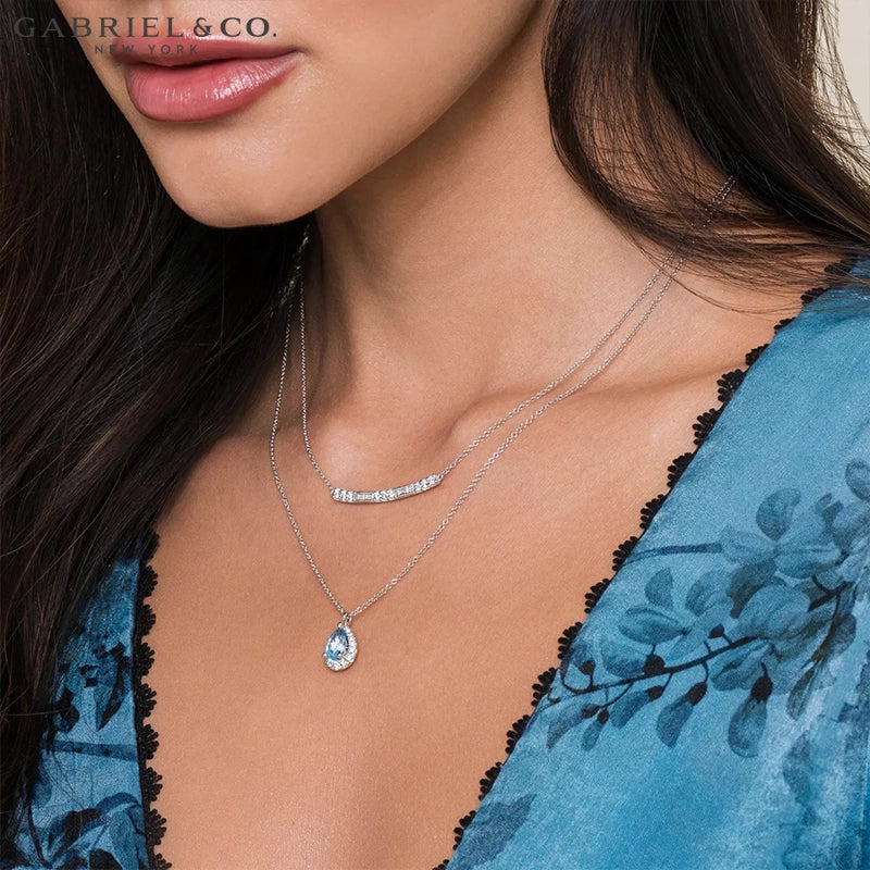 Genuine Blue Topaz & Natural Diamond Halo Necklace