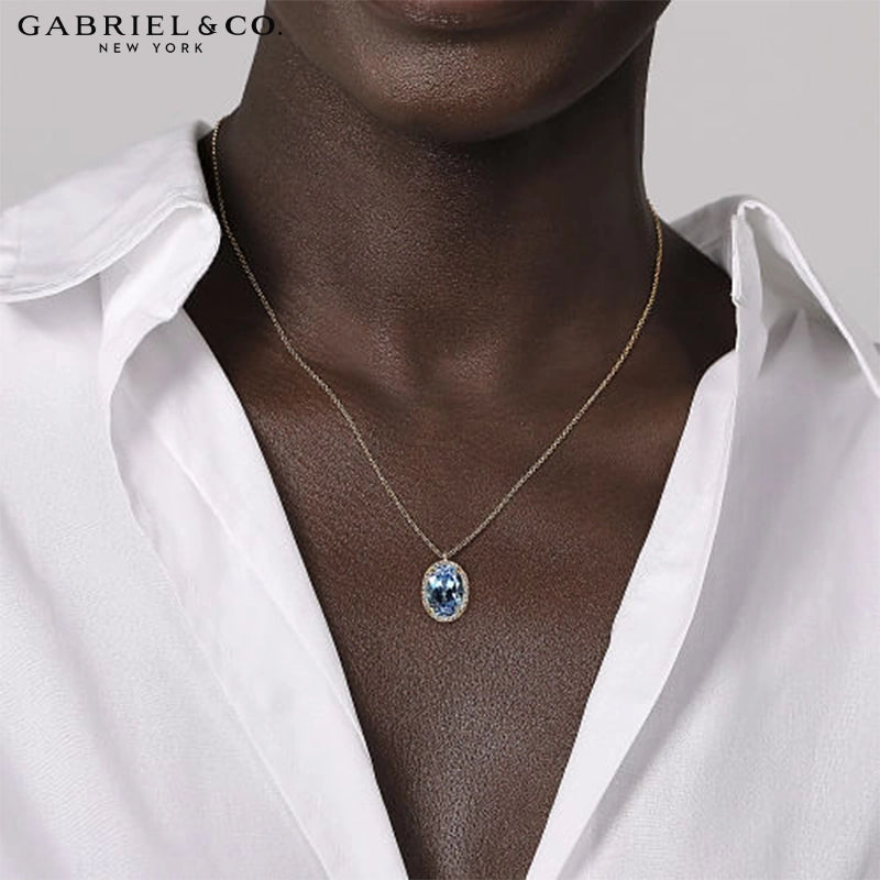 Genuine Blue Topaz & Diamond Halo Necklace