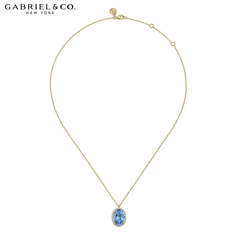14kt Genuine Blue Topaz & Diamond Halo Necklace