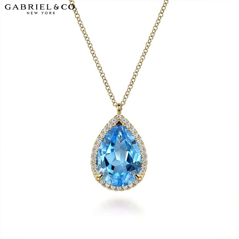 Genuine Blue Topaz & Natural Diamond Halo Necklace