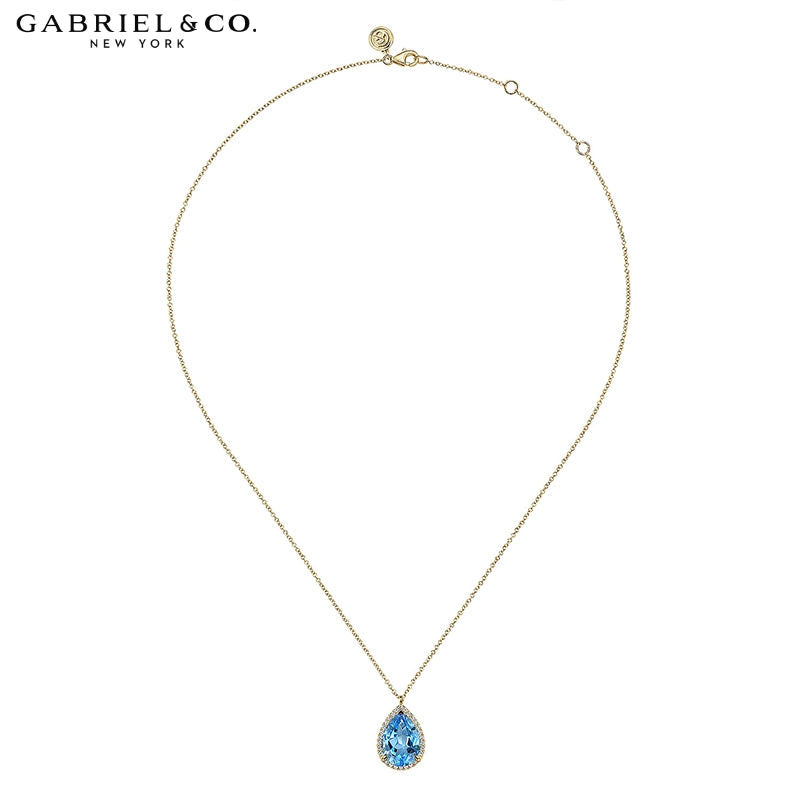 14kt Genuine Blue Topaz & Natural Diamond Halo Necklace