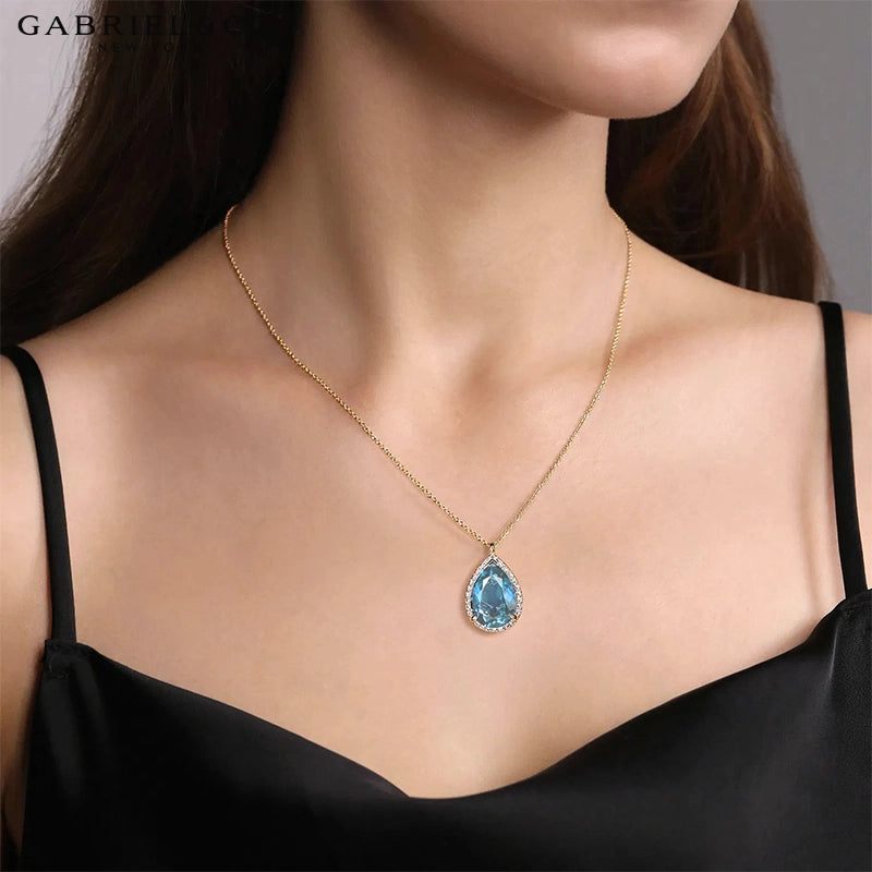 Genuine Blue Topaz & Natural Diamond Halo Necklace