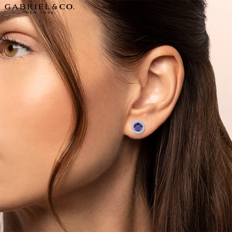 Genuine Amethyst & Diamond Halo Earrings