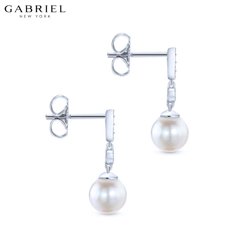 14kt Genuine White Pearl & Diamond Drop Earrings